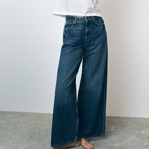 Zara baggy Wide Leg Womens Sz 10 Raw Hem High Rise Jeans Grunge Boho - Picture 1 of 6